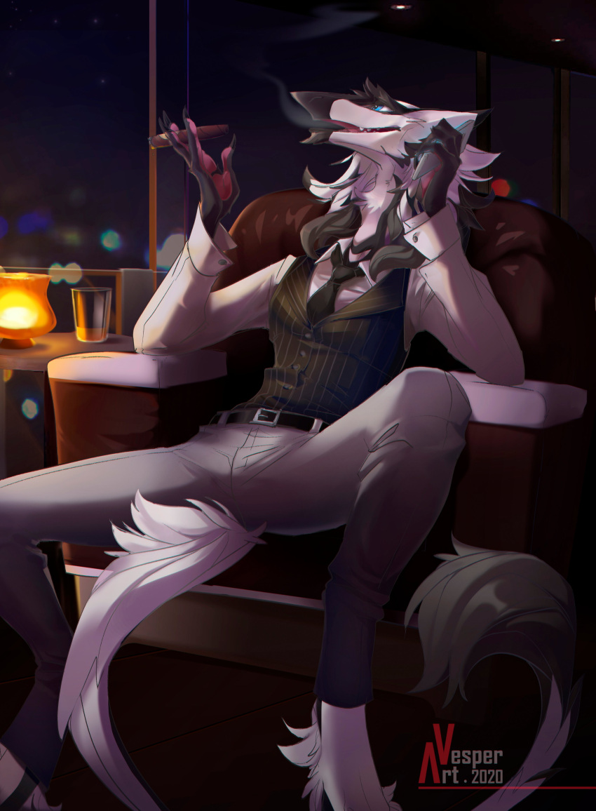 absurd_res anthro armchair artist_name black_belt black_body black_clothing black_fur black_necktie black_tail black_topwear black_vest blue_eyes bosssergal bottomwear cellphone chair cigar clothing front_view fur furniture glistening glistening_eyes grey_bottomwear grey_clothing grey_pants hi_res holding_cellphone holding_cigar holding_object holding_phone holding_smartphone inside lamp male necktie pants pawpads phone red_pawpads red_tongue sergal sitting smartphone solo spread_legs spreading teeth tongue topwear vest vinyanko white_body white_clothing white_fur white_tail white_topwear