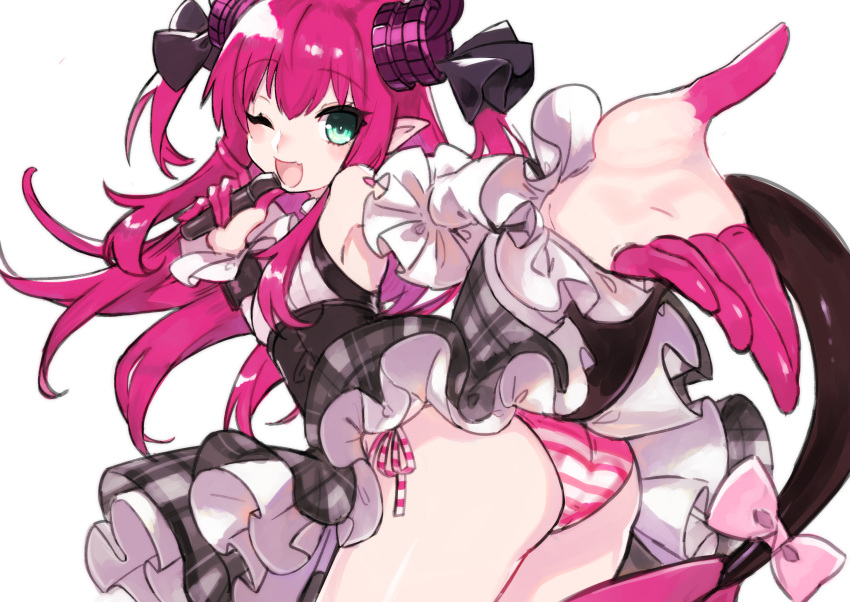 1girl 4410_(kanimiso) aqua_eyes ass bangs black_ribbon curled_horns detached_sleeves dragon_horns dress elizabeth_bathory_(fate) elizabeth_bathory_(fate)_(all) eyebrows_visible_through_hair fate/grand_order fate_(series) grey_skirt highres holding holding_microphone horns long_hair long_sleeves looking_at_viewer microphone one_eye_closed panties pink_hair plaid plaid_skirt pleated_skirt pointy_ears ribbon shirt side-tie_panties skirt sleeveless sleeveless_shirt striped striped_panties tail underwear white_shirt white_sleeves