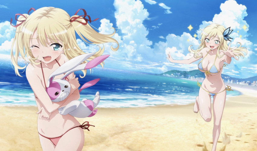 2girls :d ;o animal_ears beach bikini blonde_hair blue_bikini blue_eyes blue_sky blush boku_wa_tomodachi_ga_sukunai breasts bunny bunny_ears butterfly_hair_ornament chasing cleavage cloud cloudy_sky crying day fang feet female_pervert fleeing hair_ornament hair_ribbon hasegawa_kobato highres kashiwazaki_sena large_breasts leg_up multiple_girls navel one_eye_closed open_mouth outdoors pervert red_bikini red_ribbon ribbon running side-tie_bikini sky smile sparkle sparkling_eyes stuffed_toy swimsuit tears twintails underboob watanabe_yoshihiro yuri