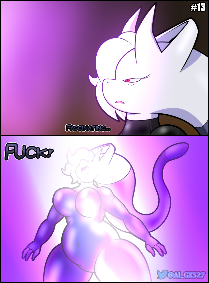 al_gx anthro attack attacked black_border border casual_nudity cave clothed clothing comic curvy_figure dialogue english_text fan_character female fight freckles generation_1_pokemon hair hi_res horn legendary_pok&eacute;mon mammal mega_evolution mega_mewtwo mega_mewtwo_y megan_(al_gx) mewtwo nintendo pok&eacute;mon pok&eacute;mon_(species) purple_body red_eyes rubber rubber_clothing rubber_suit short_hair solo story text thick_thighs video_games white_hair wide_hips