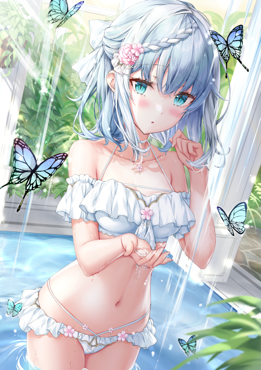 1girl aqua_eyes bangs bare_shoulders blush braid bug butterfly collarbone commentary_request flower frilled_swimsuit frills hair_flower hair_ornament highres kyariko looking_at_viewer medium_hair original partial_commentary pool revision slit_pupils solo standing standing_on_liquid sunlight swimsuit water white_swimsuit