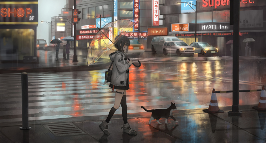 1girl 6+others asymmetrical_legwear bag black_skirt black_socks black_thighhighs building car cat catzz city cityscape commentary_request crosswalk ground_vehicle highres holding holding_umbrella jacket lamppost long_sleeves motor_vehicle multiple_others night original rain reflection reflective_floor road scenery shoes skirt sneakers socks solo_focus sports_utility_vehicle street thighhighs traffic traffic_cone transparent transparent_umbrella umbrella walking white_footwear white_jacket