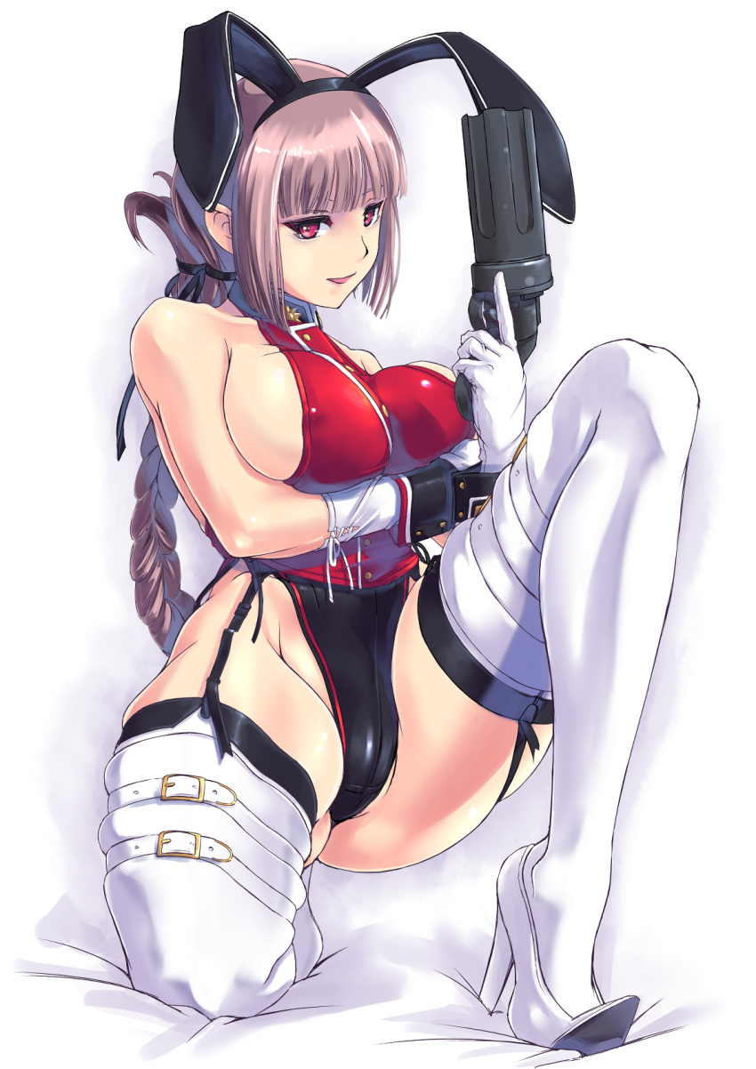 1girl animal_ears bare_shoulders blonde_hair boots breasts covered_nipples dated fake_animal_ears fate/grand_order fate_(series) florence_nightingale_(fate) gloves gun handgun high_heel_boots high_heels highres large_breasts long_hair looking_at_viewer nenchi one_knee pepperbox_revolver playboy_bunny rabbit_ears red_eyes revolver sideboob signature solo thick_thighs thigh_boots thighhighs thighs tongue tongue_out very_long_hair weapon white_gloves