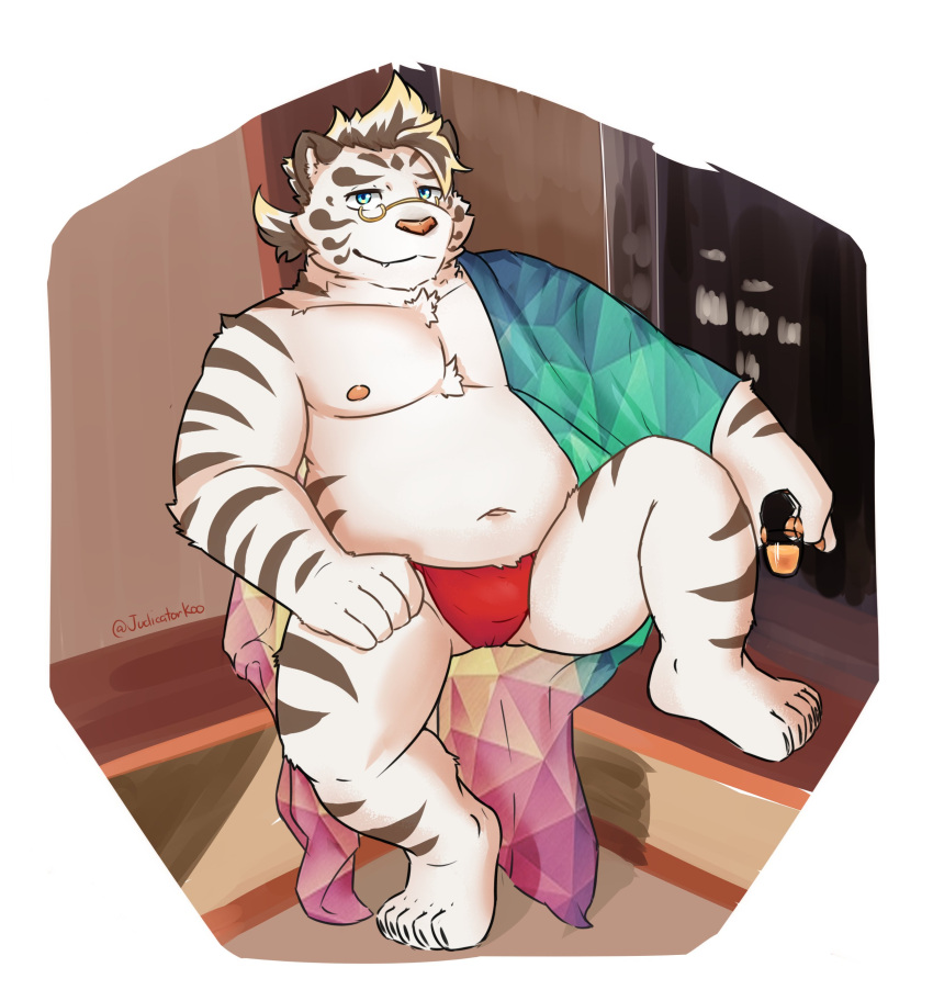 2022 absurd_res anthro asian_clothing belly clothing east_asian_clothing eyewear felid fundoshi glasses hi_res humanoid_hands japanese_clothing judicatorkoo licho_(tas) lifewonders male mammal moobs nipples overweight overweight_male pantherine red_clothing red_fundoshi red_underwear sitting solo tiger tokyo_afterschool_summoners underwear video_games white_body