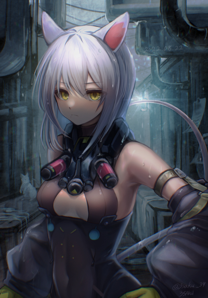 1girl 3_(sanyako1) alley animal_ears arknights black_shirt breasts gloves hair_between_eyes highres looking_at_viewer mask mask_around_neck mouse_ears mouse_girl mouse_tail outdoors purple_hair respirator scavenger_(arknights) shirt short_hair sideboob small_breasts solo tail upper_body yellow_gloves