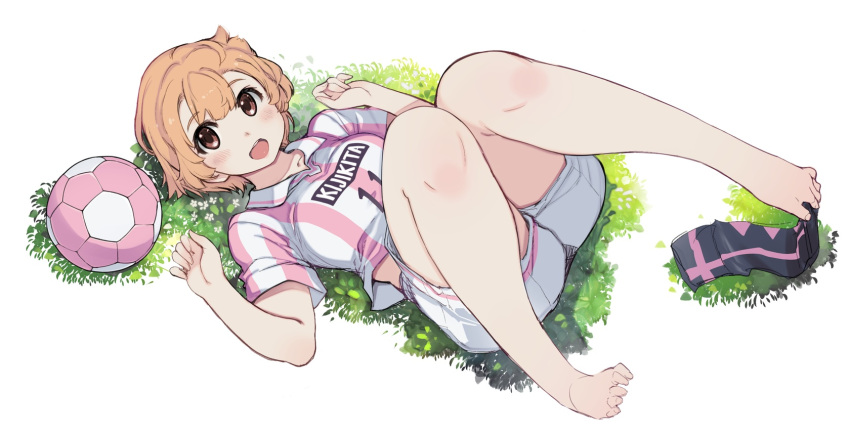 1girl :d ball bare_legs barefoot blush brown_eyes brown_hair highres inukai_kiiro knees_together_feet_apart looking_at_viewer lying mai_ball! mil_(xration) on_back on_grass open_mouth pink_shirt shirt short_hair short_sleeves shorts smile soccer_ball soccer_uniform solo sportswear striped striped_shirt tomboy vertical-striped_shirt vertical_stripes white_shorts