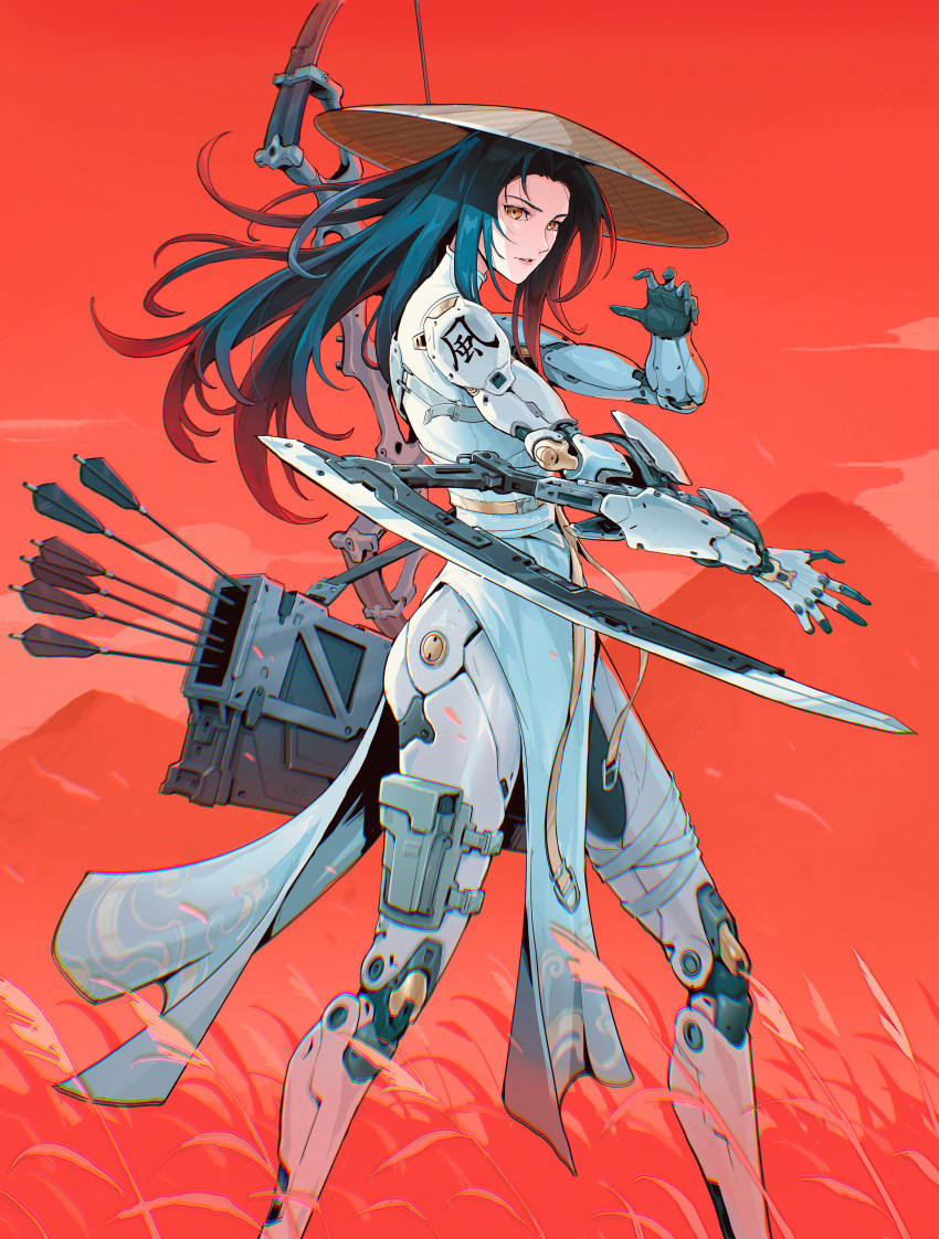 1girl absurdres asian blade blue_hair bow_(weapon) brown_eyes chinese_clothes cyberpunk cyborg highres long_hair mechanical_parts original quiver red_background science_fiction solo weapon wenfei_ye
