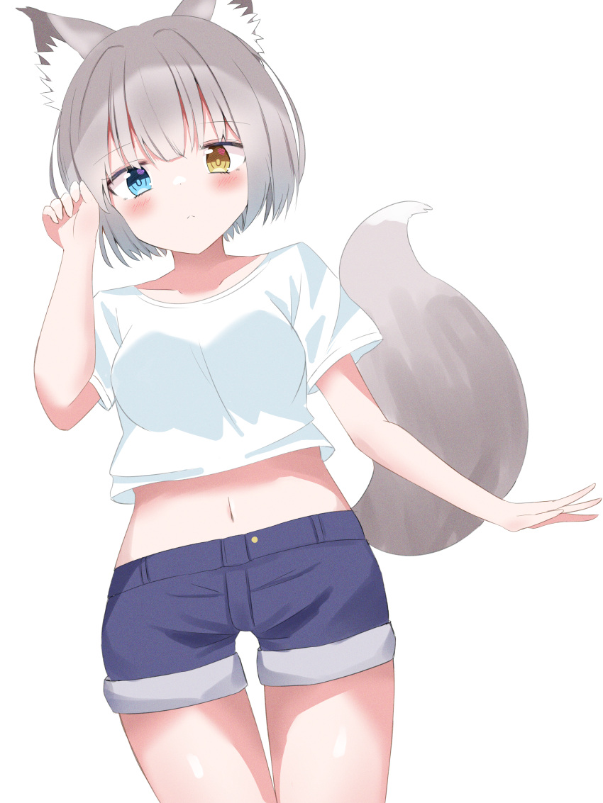 1girl absurdres animal_ear_fluff animal_ears ashitaba_kemo bangs blue_eyes blue_shorts blush breasts closed_mouth collarbone commentary_request crop_top grey_hair heterochromia highres looking_at_viewer medium_breasts midriff navel original shirt short_hair short_shorts short_sleeves shorts simple_background solo tail thigh_gap white_background white_shirt yellow_eyes