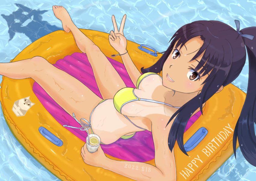 2girls ass bikini black_hair blush breasts brown_eyes cleavage dated from_above happy_birthday hattori_shizuka inflatable_raft keicha_(kmoekaki) large_breasts long_hair looking_at_viewer looking_up miyako_yoshika multiple_girls open_mouth ponytail pool shiny shiny_hair side-tie_bikini silhouette_demon smile star-shaped_pupils star_(symbol) strike_witches swimsuit symbol-shaped_pupils tan tanlines v world_witches_series yellow_bikini