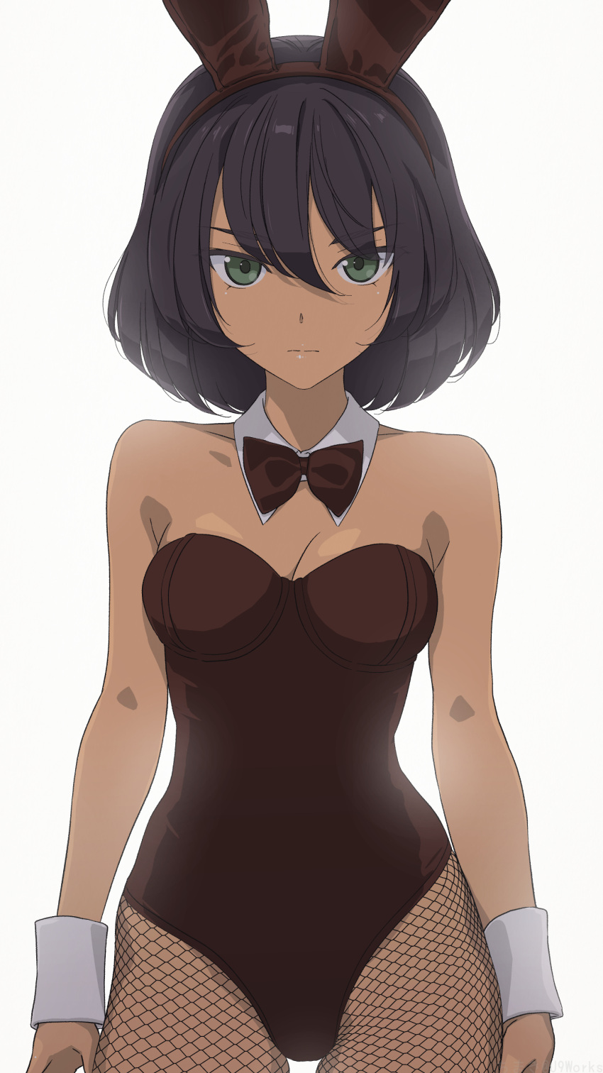 1girl absurdres akagi_(fmttps) animal_ears bare_shoulders black_hair bow bowtie breasts brown_bow brown_bowtie brown_leotard bunny_day cleavage closed_mouth dark-skinned_female dark_skin detached_collar fake_animal_ears fishnet_pantyhose fishnets girls_und_panzer green_eyes grey_background hair_between_eyes highres hoshino_(girls_und_panzer) leotard looking_at_viewer medium_breasts pantyhose playboy_bunny rabbit_ears short_hair simple_background solo thighs