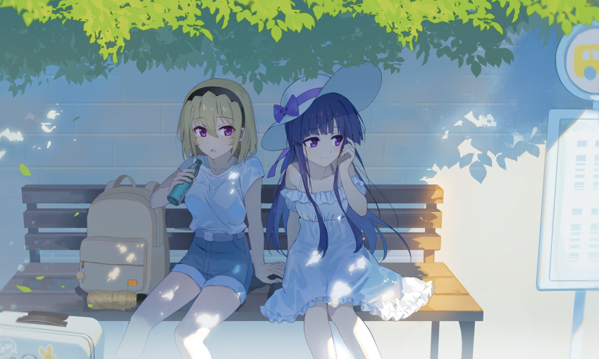 2girls backpack bag bangs belt bench black_hairband blonde_hair blue_hair blue_shorts blunt_bangs bow branch collarbone denim denim_shorts dress drink frilled_dress frills furude_rika hair_between_eyes hairband hat hat_bow highres higurashi_no_naku_koro_ni hime_cut holding holding_drink holding_hands houjou_satoko long_hair multiple_girls off-shoulder_dress off_shoulder open_mouth outdoors purple_bow purple_eyes ramune shade shirt shirt_tucked_in short_hair short_shorts shorts sidelocks sitting sitting_on_bench usamin_(artist) white_dress white_headwear white_shirt yellow_bag yuri