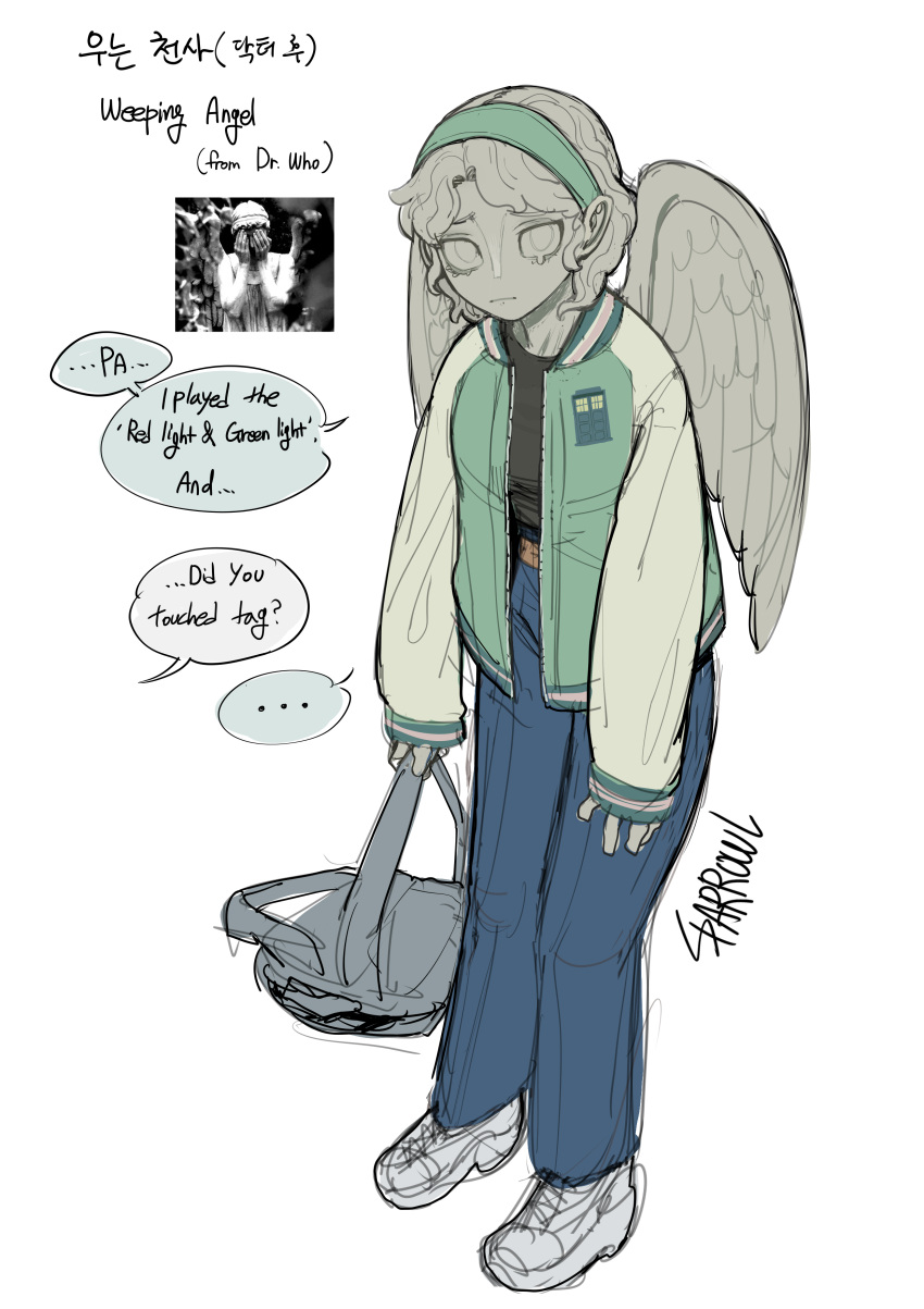 ... 1girl absurdres backpack bag blue_pants closed_mouth doctor_who green_hairband hairband highres humanization jacket long_sleeves looking_at_viewer monster_girl original pants shoes solo sparrowl spoken_ellipsis standing statue weeping_angel white_footwear wings