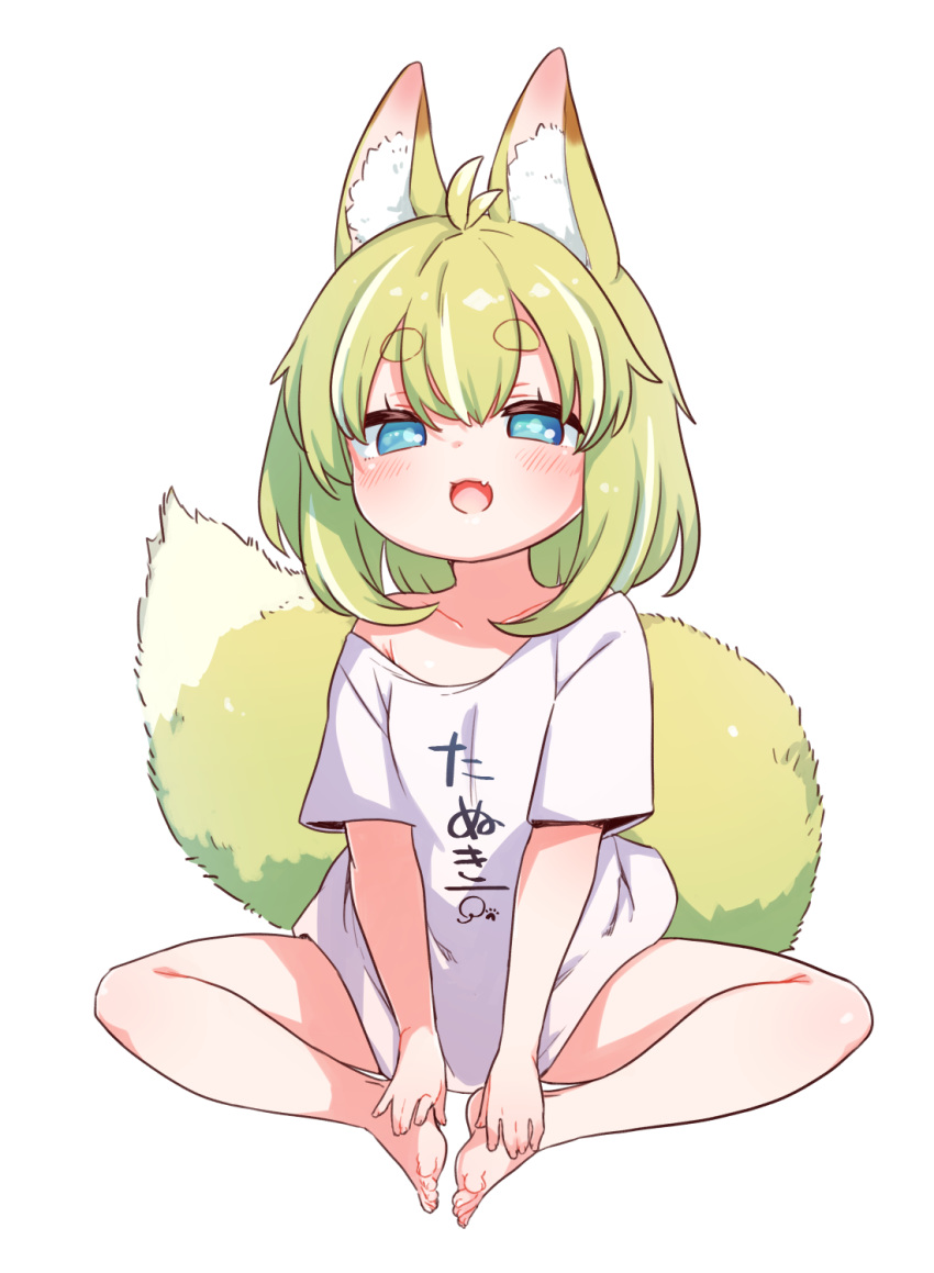 1girl animal_ear_fluff animal_ears bare_legs barefoot blue_eyes blush clothes_writing commentary_request done_(donezumi) fang fox_ears fox_girl fox_tail highres indian_style legs looking_at_viewer off-shoulder_shirt off_shoulder open_mouth original shirt short_hair short_sleeves simple_background sitting smile solo t-shirt tail thick_eyebrows toes translation_request white_background white_shirt