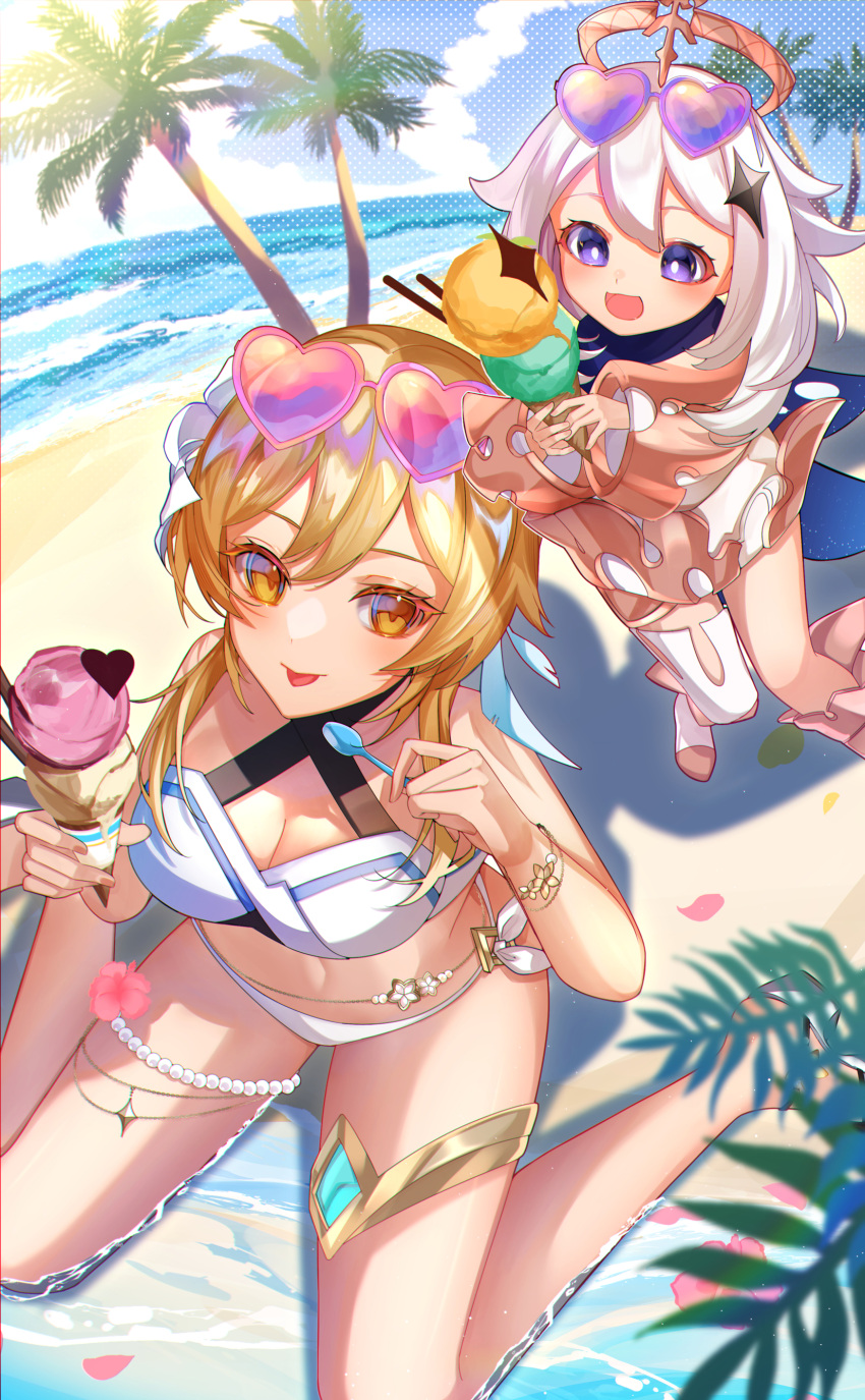 2girls :d :p absurdres beach blush breasts coconut eyewear_on_head from_above genshin_impact halftone heart heart-shaped_eyewear highres holding_ice_cream horizon leaf looking_at_another looking_at_viewer lumine_(genshin_impact) multiple_girls natsuki_yoru ocean paimon_(genshin_impact) palm_leaf palm_tree plant sand sitting smile sunglasses swimsuit thigh_strap tongue tongue_out tree wariza water