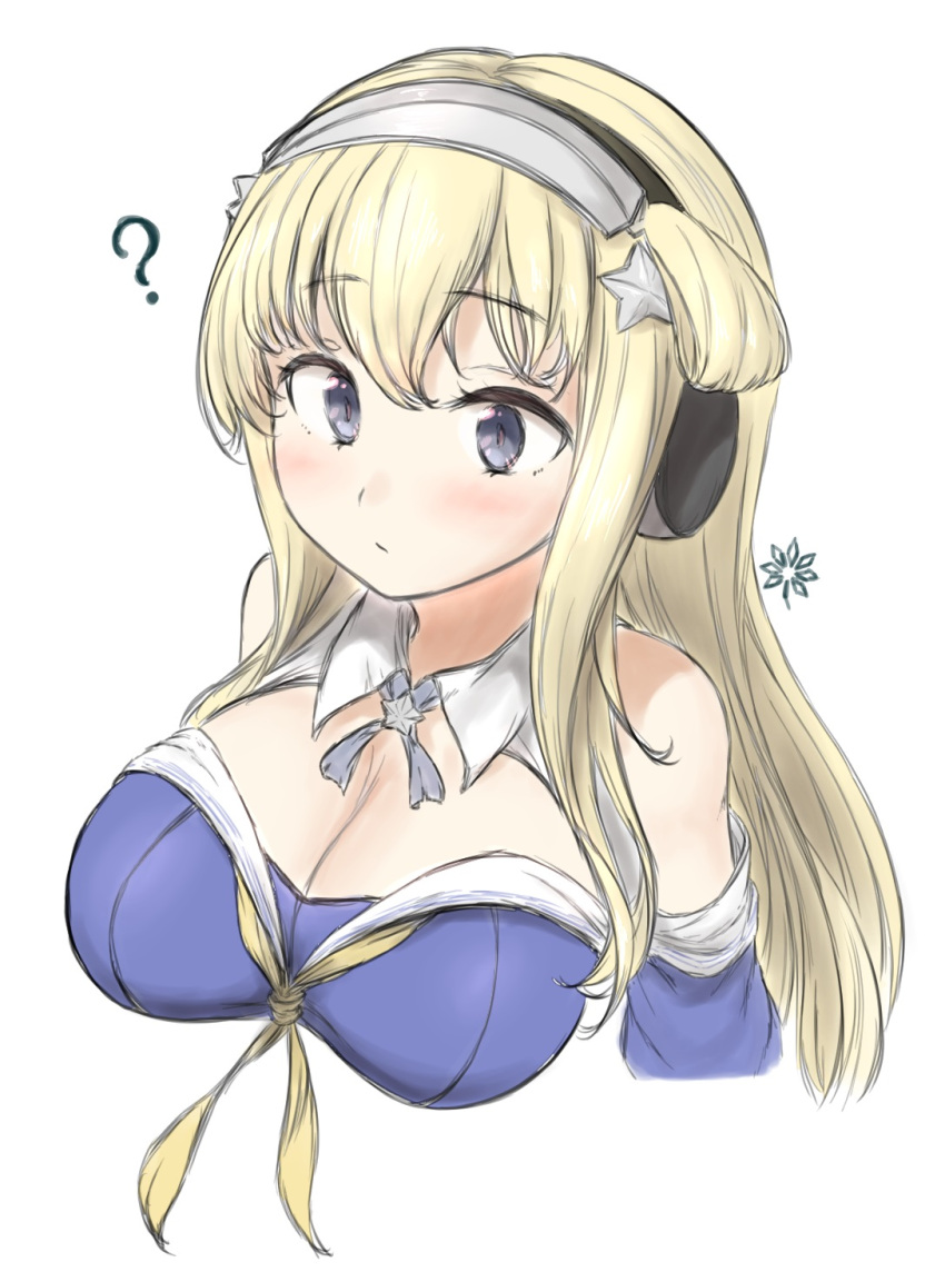 1girl ? blonde_hair blue_shirt breasts cleavage double_bun eyebrows_hidden_by_hair fletcher_(kancolle) hair_bun hair_ornament headset highres kantai_collection large_breasts long_hair neckerchief off_shoulder purple_eyes sailor_collar shirt star_(symbol) star_hair_ornament straightbeta white_sailor_collar yellow_neckerchief