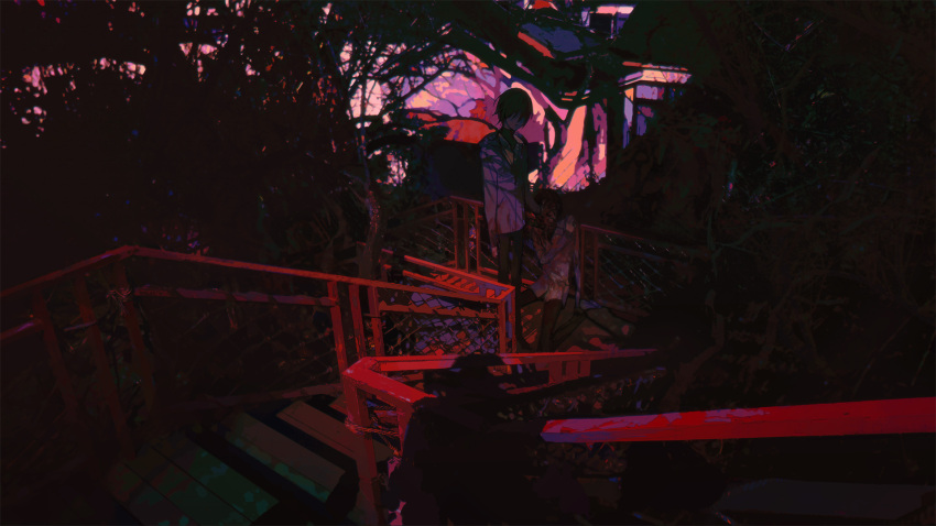 2boys blood blood_on_clothes covered_eyes dark hand_on_another's_face highres holding_own_arm injury jacket limited_palette male_focus multiple_boys original outdoors pants purple_theme railing red_theme rknrk shadow stairs tree