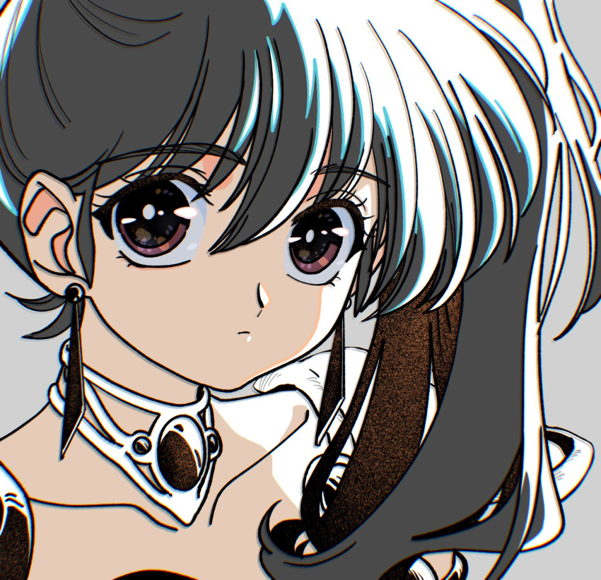 1girl alternate_hair_color asagiri_youko bangs black_hair brown_eyes brown_hair collarbone colored_inner_hair earrings genmu_senki_leda grey_background hair_behind_ear highres hrn_yc jewelry looking_at_viewer multicolored_hair side_ponytail solo