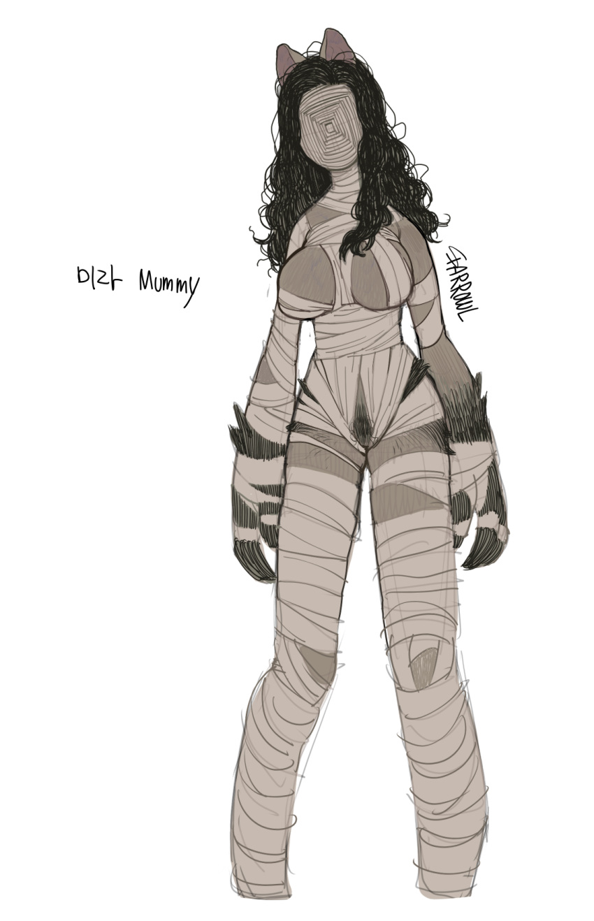 1girl animal_ears bandages black_hair breasts claws covered_face curly_hair facing_viewer female_pubic_hair highres large_breasts long_hair mummy mummy_(sparrowl) original pigeon-toed pubic_hair simple_background solo sparrowl standing white_background