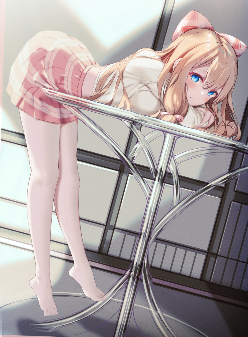 1girl a-soul absurdres ass bangs bent_over between_toes blonde_hair blue_eyes blush bow closed_mouth crop_top crossed_bangs diana_(a-soul) full_body hair_between_eyes hair_bow hair_over_shoulder heel_up highres jm1990henan legs long_hair looking_at_viewer miniskirt no_shoes pantyhose pink_bow pink_skirt shirt skirt smile solo standing table tiptoes two-tone_bow two-tone_skirt virtual_youtuber white_pantyhose white_shirt