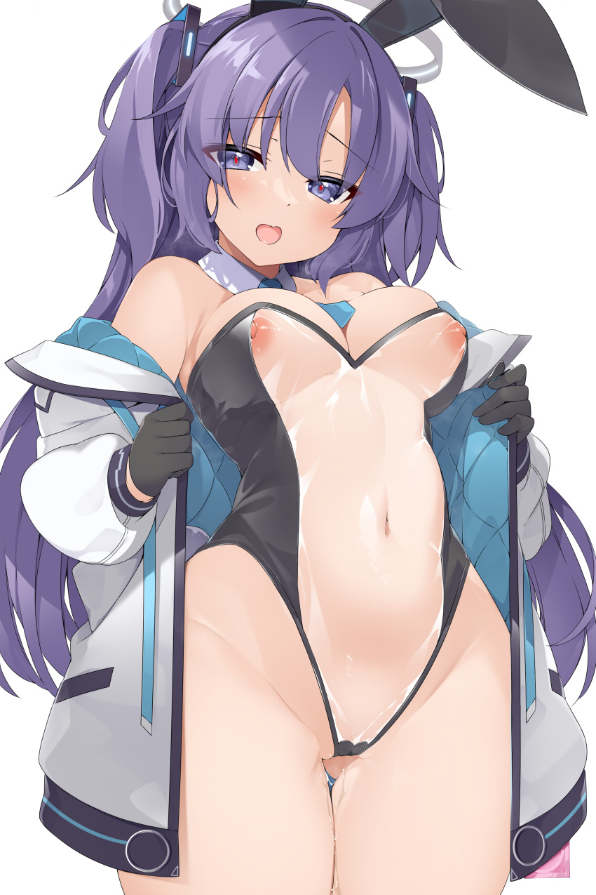 1girl absurdres ass_visible_through_thighs bangs bare_shoulders black_gloves blue_archive blue_eyes blush breasts condom condom_wrapper covered_navel cowboy_shot detached_collar gloves groin heart highleg highres jacket leotard leotard_under_clothes long_hair long_sleeves looking_at_viewer navel nipples off_shoulder one-piece_swimsuit open_clothes open_jacket open_mouth purple_hair pussy_juice sasakura see-through see-through_leotard simple_background smile solo swimsuit two_side_up white_background yuuka_(blue_archive)