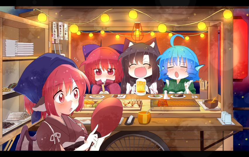 4girls absurdres ahoge alcohol animal_ears beer beer_mug bird_ears bird_wings blue_bow blue_hair blush bow brown_hair cloak closed_eyes commission cup drill_hair drunk fang food food_stand grass_root_youkai_network green_kimono hair_between_eyes hair_bow hand_fan head_fins head_scarf highres holding holding_cup holding_fan imaizumi_kagerou japanese_clothes kimono long_hair mug multiple_girls mystia_lorelei okamisty open_mouth paper_fan pink_eyes pink_hair red_cloak red_eyes red_hair sekibanki short_hair skeb_commission smile totoharu_(kujirai_minato) touhou uchiwa wakasagihime white_wings wings wolf_ears yatai