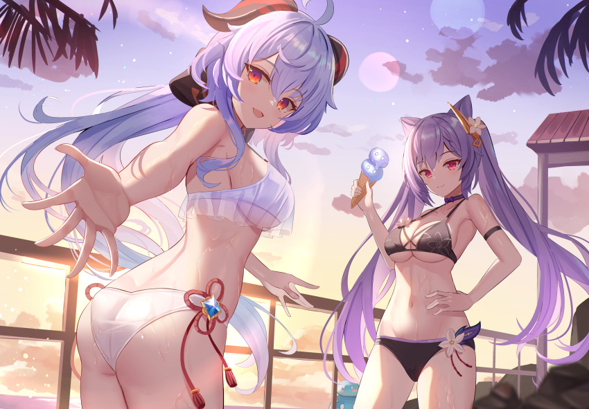 2girls absurdres ahoge ass bikini blue_hair breasts closed_mouth cone_hair_bun double_bun flower flower_knot food from_behind ganyu_(genshin_impact) genshin_impact goat_horns hair_bun hair_flower hair_ornament hand_on_hip highres holding holding_food horns ice_cream_cone keqing_(genshin_impact) large_breasts long_hair looking_at_viewer looking_back medium_breasts mirufuaa multiple_girls navel open_hand open_mouth outdoors outstretched_arm purple_hair red_eyes slime_(genshin_impact) smile standing stomach sunset swimsuit twintails very_long_hair vision_(genshin_impact) wet white_bikini white_flower