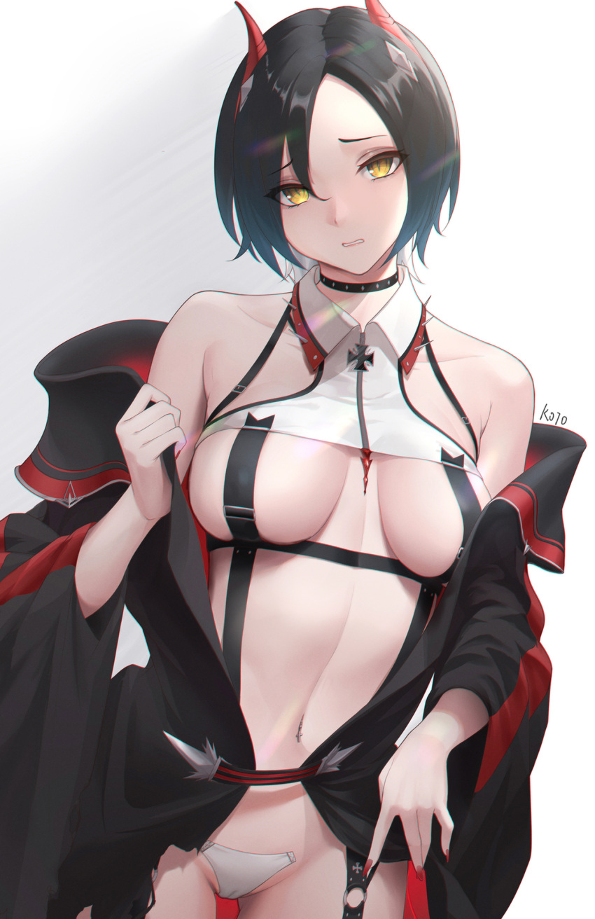 1girl artist_name azur_lane bangs bare_shoulders black_choker black_hair black_jacket blue_hair breasts choker collarbone cowboy_shot head_tilt highres horns jacket kojo_(0124) large_breasts long_sleeves looking_at_viewer nail_polish navel navel_piercing off_shoulder open_clothes open_jacket parted_lips piercing red_nails revision short_hair sideboob simple_background solo standing thighhighs ulrich_von_hutten_(azur_lane) white_background wide_sleeves yellow_eyes