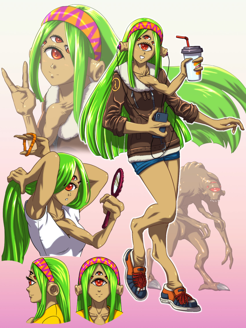 1girl alien armpits bare_legs breasts burger_king cellphone collarbone commentary cup drinking_straw earbuds earphones extra_arms extra_eyes fewer_digits full_body gradient gradient_background green_hair hair_ornament hair_scrunchie hairband half-life hand_mirror highres holding holding_cup holding_phone jacket long_hair looking_at_viewer medium_breasts mirror monster_girl multiple_views phone pink_background red_eyes scrunchie shoes shorts simple_background smartphone smile sneakers solo substance20 very_long_hair vortigaunt white_background
