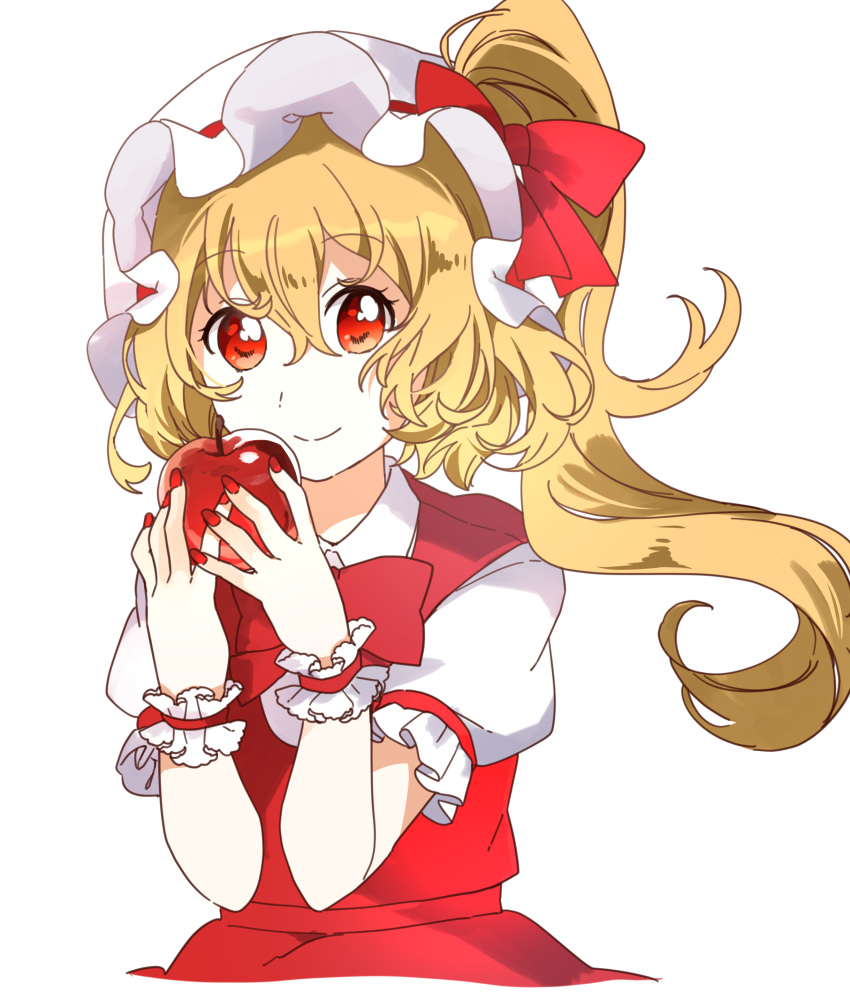 1girl absurdres apple bangs blonde_hair bow bowtie closed_mouth collared_shirt commentary_request dress fingernails flandre_scarlet food fruit hair_between_eyes hands_up hat hat_bow highres long_fingernails looking_at_viewer mob_cap nail_polish no_wings ponytail puffy_short_sleeves puffy_sleeves red_bow red_bowtie red_dress red_eyes red_nails sasaki_sakiko shirt short_hair short_sleeves side_ponytail simple_background smile solo standing touhou white_background white_headwear white_shirt wrist_cuffs