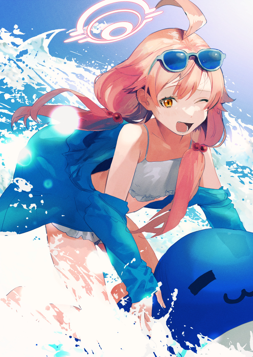 1girl absurdres ahoge asuna_(i_luv) bangs bikini blue_archive blush eyewear_on_head fang frilled_bikini frills hair_between_eyes hair_ornament halo happy highres hoshino_(blue_archive) hoshino_(swimsuit)_(blue_archive) inflatable_toy jacket jacket_over_swimsuit long_hair low_twintails ocean off_shoulder one_eye_closed open_mouth pink_hair riding smile solo swimsuit twintails very_long_hair water white_bikini yellow_eyes