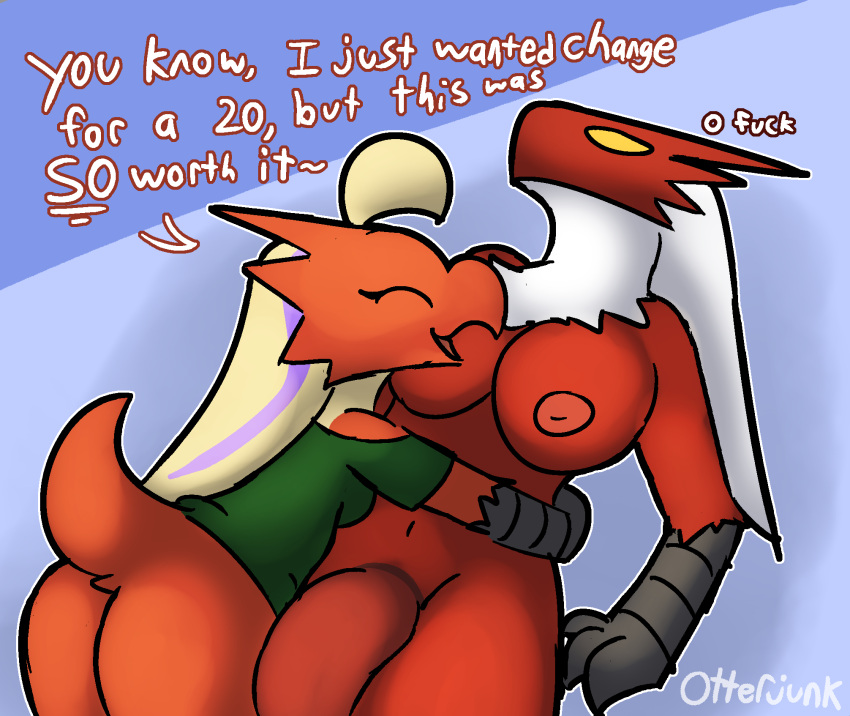 ahoge anthro avian beak blaziken blonde_hair breasts carol_(otterjunk) comic duo embrace generation_3_pokemon genitals gynomorph hair hi_res hug humor intersex intersex/intersex long_hair nintendo otterjunk penis pok&eacute;mon pok&eacute;mon_(species) racha_(otterjunk) text video_games