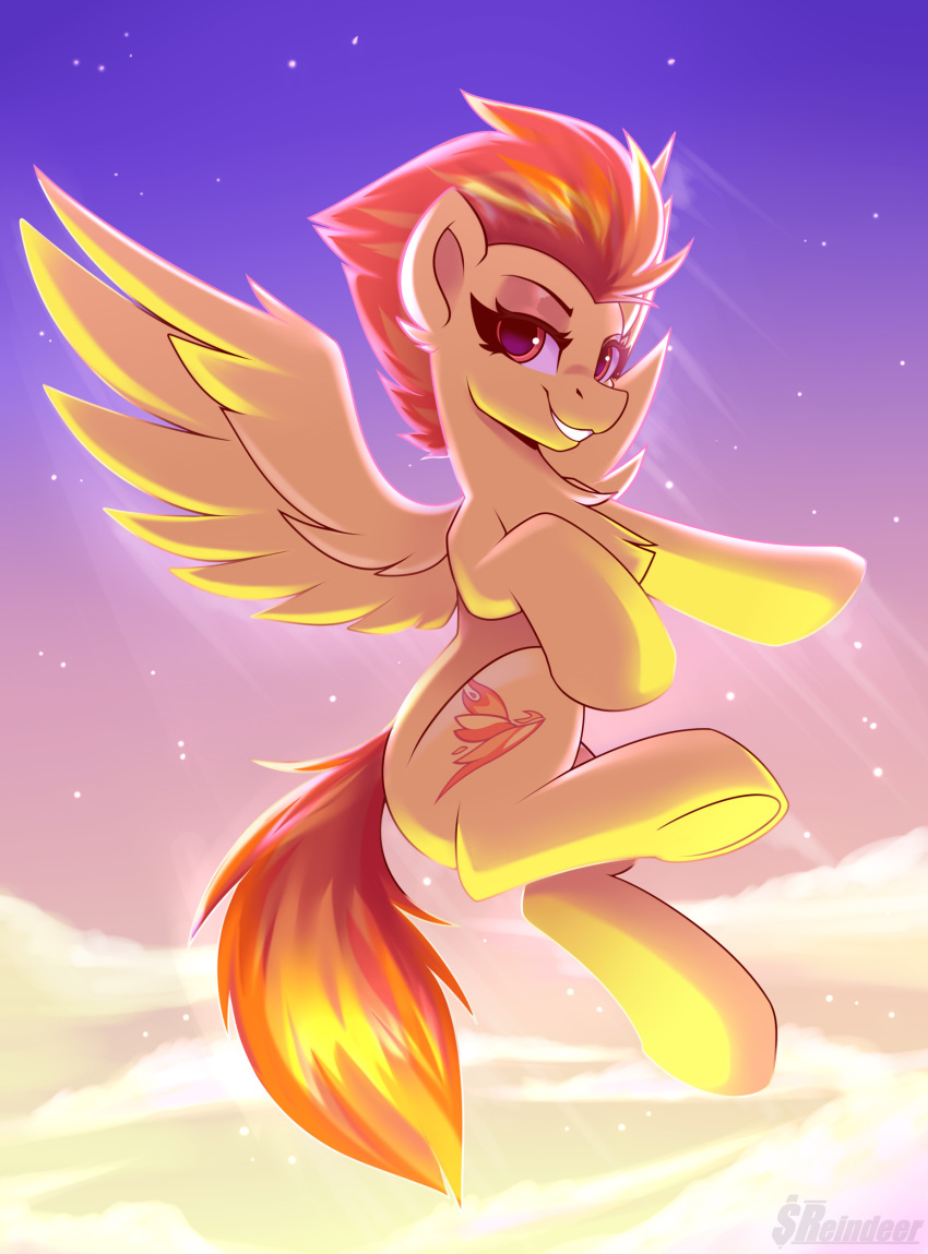 2020 absurd_res chest_tuft cutie_mark digital_media_(artwork) equid equine eyelashes feathered_wings feathers female feral flying friendship_is_magic fur hair half-closed_eyes hasbro hi_res hooves lidded_eyes mammal my_little_pony narrowed_eyes orange_eyes orange_hair orange_tail pegasus shadowreindeer smile solo spitfire_(mlp) spread_wings tuft wings wonderbolts_(mlp) yellow_body yellow_feathers yellow_fur