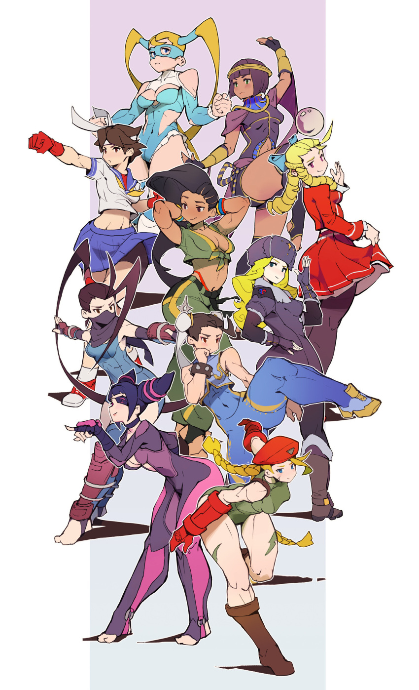 absurdres black_hair blonde_hair blue_eyes brown_eyes brown_hair cammy_white chun-li cultofthewyrm han_juri highres kolin laura_matsuda long_hair looking_at_viewer looking_back menat purple_hair rainbow_mika red_eyes short_hair street_fighter