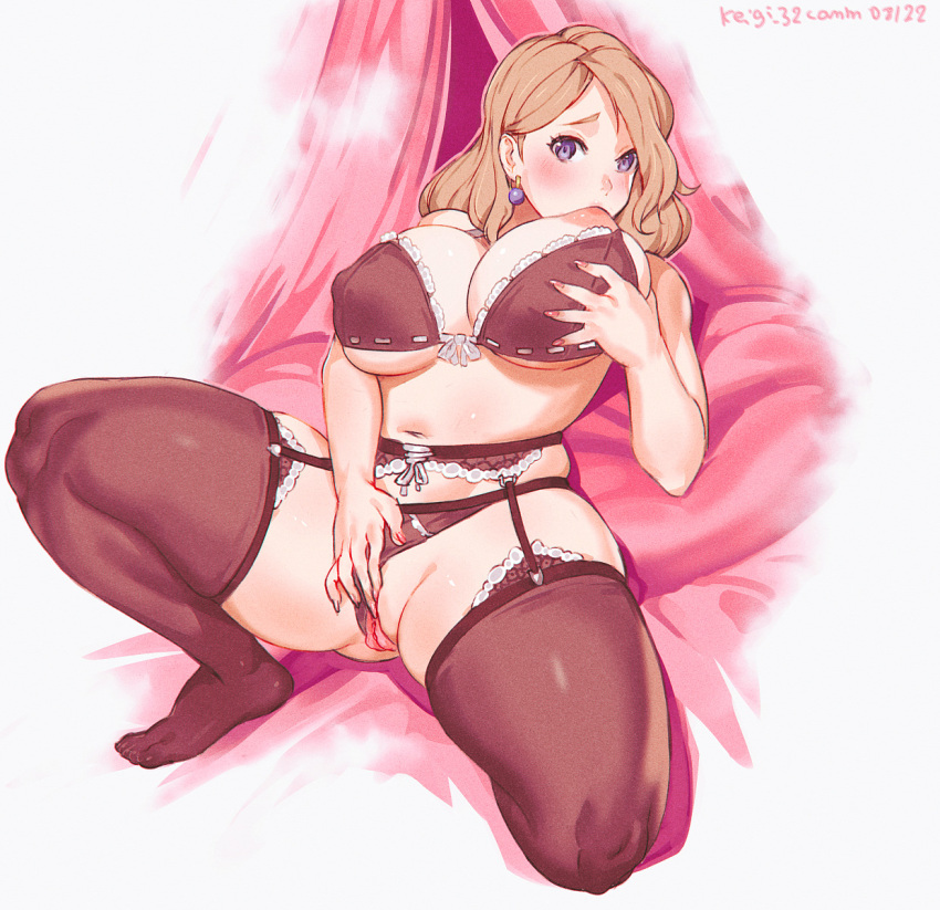 1girl bed_sheet black_bra black_garter_belt black_garter_straps black_panties black_thighhighs blush bra breast_lift breast_sucking breasts brown_hair cleavage clitoral_stimulation clothing_aside commission covered_nipples curvy earrings female_masturbation fingernails fire_emblem fire_emblem:_three_houses fire_emblem_warriors:_three_hopes full_body hair_behind_ear highres huge_breasts jewelry keigi lace-trimmed_bra lace-trimmed_legwear lace_trim looking_at_viewer masturbation medium_hair mercedes_von_martritz navel official_alternate_hairstyle one_breast_out panties panties_aside puffy_nipples purple_eyes self_breast_sucking solo spread_legs thick_thighs thighhighs thighs uncensored underboob underwear