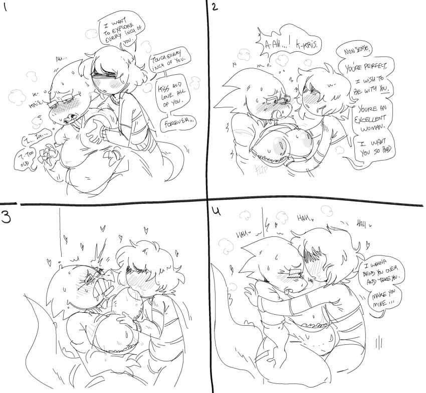 &lt;3 2022 4_fingers 5_fingers absurd_res alphys anthro areola belly big_breasts black_and_white blush bodily_fluids bra_down breast_fondling breast_play breast_suck breasts buckteeth chubby_anthro chubby_female claws clenched_teeth clothed clothing clothing_lift comic deltarune dialogue drooling duo english_text eyelashes eyes_closed eyewear female fingers fondling glasses hair half-closed_eyes hand_on_breast hi_res human kris_(deltarune) lizard looking_pleasured male male/female mammal mhdrawin moan monochrome narrowed_eyes nipples non-mammal_breasts obscured_eyes open_mouth reptile saliva scalie shaking shirt shirt_lift shivering speech_bubble standing steam sucking sweat teeth text thick_thighs tongue tongue_out topwear undertale undertale_(series) undressing_partner video_games