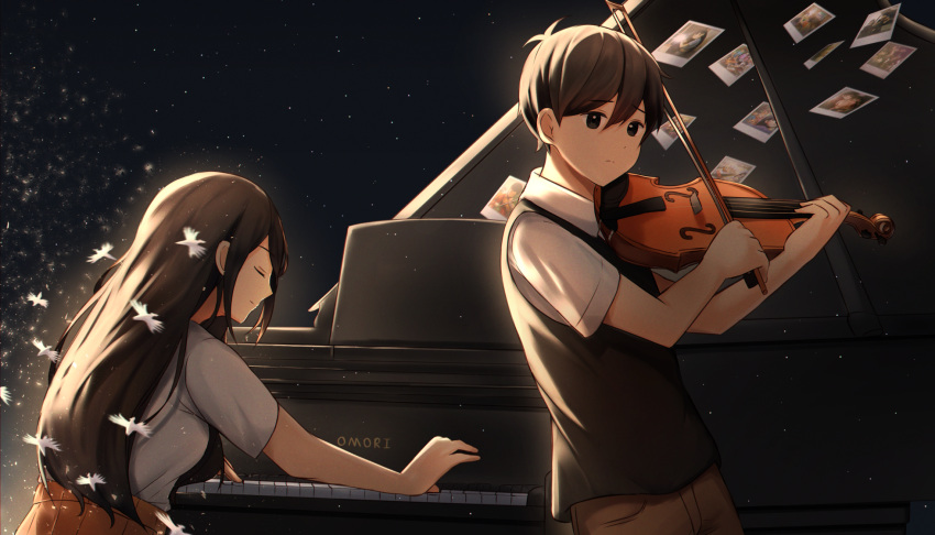 1boy 1girl aarc antenna_hair bangs black_eyes black_hair black_sweater_vest brother_and_sister brown_shorts brown_skirt closed_eyes flower highres instrument long_hair looking_away mari_(omori) music night night_sky omori orchid playing_instrument playing_piano polaroid sad shirt short_sleeves shorts siblings sitting skirt sky spoilers sunny_(omori) sweater_vest violin white_shirt