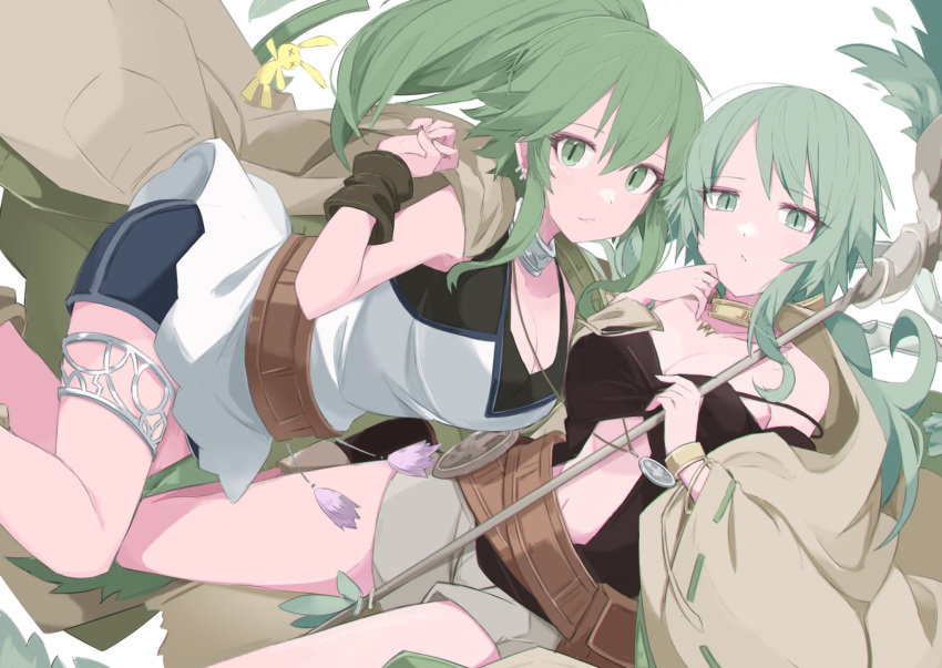 2girls bangs bare_shoulders belt breasts caam_serenity_of_gusto cleavage collar collarbone duel_monster feet_out_of_frame green_eyes green_hair hands_up highres jewelry large_breasts long_hair long_sleeves metal_collar midriff multiple_girls navel necklace ponytail robe sakuragi_raia shorts thighlet wide_sleeves winda_(yu-gi-oh!) winda_priestess_of_gusto yu-gi-oh!