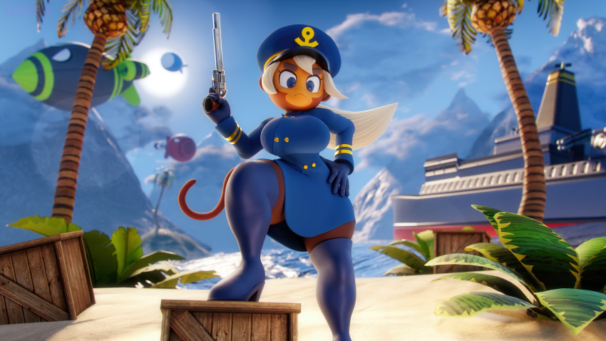 2022 3d_(artwork) 4k absurd_res admiral_brickell aircraft airship anthro artist_name battleship beach big_breasts blender_(software) blonde_hair bloons_tower_defense blue_eyes breasts brown_body brown_fur clothing daws19 detailed_background digital_media_(artwork) eyelashes female fingers footwear fur gloves gun hair hand_on_hip hand_on_own_hip handgun handwear haplorhine hat headgear headwear hi_res high_heels island long_hair long_tail looking_at_viewer mammal monkey mountain multicolored_body multicolored_fur outside palm_tree plant primate ranged_weapon revolver sea seaside ship solo tan_body tan_fur tree two_tone_body two_tone_fur vehicle warship water watercraft watermark weapon wooden_box