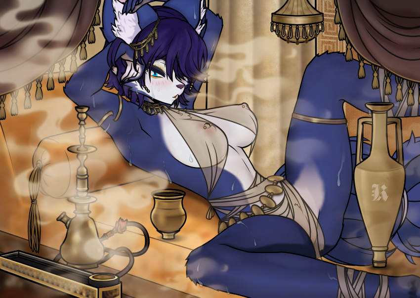 absurd_res anthro big_breasts blue_body blue_eyes blue_fur blue_hair blush bodily_fluids breasts canid canine clothing erect_nipples female fox fur gold_(metal) gold_jewelry hair hi_res hookah huge_filesize jewelry kay_shen krystal krystal_appreciation_month kuja layed_down lok_rebirth looking_at_viewer mammal nintendo nipple_piercing nipples piercing pink_nipples raised_arms smoke solo spread_legs spreading star_fox sweat sweatdrop translucent translucent_clothing video_games white_breasts wraps