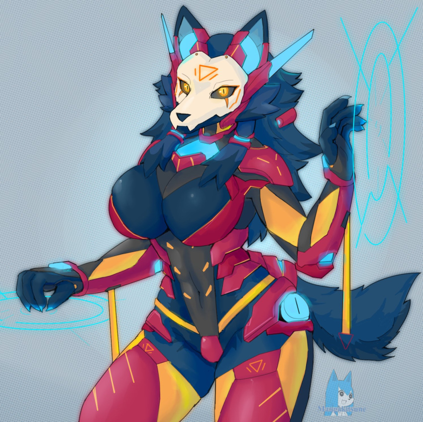 abyssal_wolf anthro blue_body blue_fur bone breasts canid canine canis elvia female fur hair hi_res looking_at_viewer mammal mangakitsune2 mask simple_background solo wolf