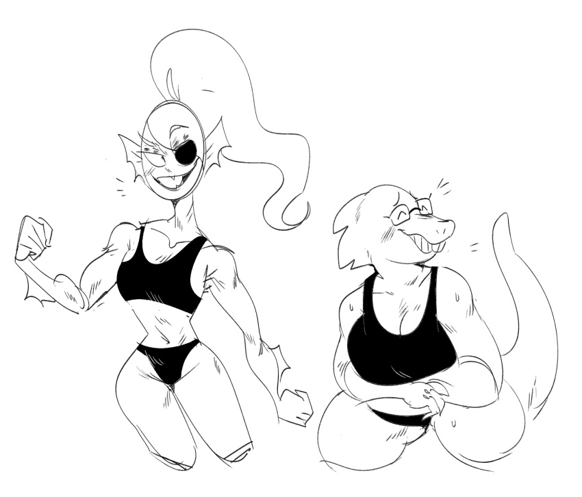 2022 alphys animal_humanoid anthro arm_frill big_breasts bikini black_and_white blush breasts buckteeth cleavage clothed clothing duo eye_patch eyes_closed eyewear female fish fish_humanoid flat_chested frill_(anatomy) glasses hair head_crest head_frill hi_res humanoid lizard marine marine_humanoid mhdrawin monochrome non-mammal_breasts one-piece_swimsuit ponytail portrait reptile scalie smile standing swimwear teeth thick_thighs three-quarter_portrait undertale undertale_(series) undyne video_games