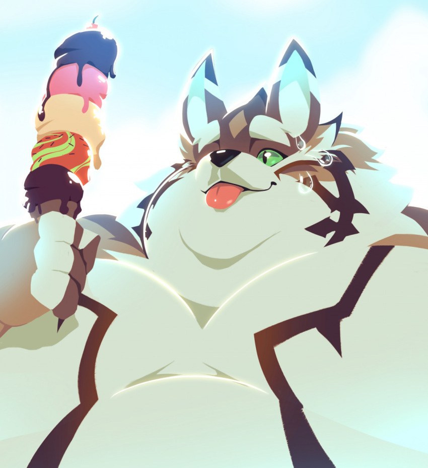 4_fingers anthro beach bodily_fluids canid canine canis cloud countershading dessert double_chin eating eyebrows fingers food green_eyes hi_res ice_cream jackal lifewonders male mammal obese obese_male overweight overweight_male seaside seth_(tas) sky solo sunny sweat sweatdrop tan_body tan_countershading thick_eyebrows tokyo_afterschool_summoners tongue tongue_out video_games weight_gain yamashimamonteri