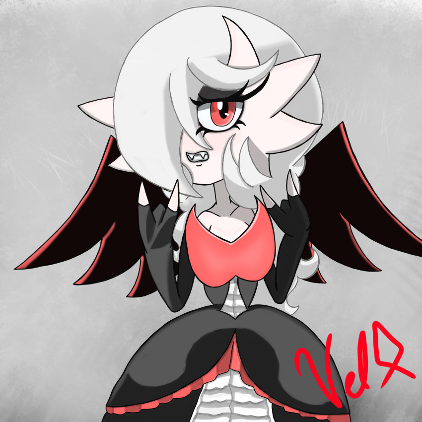 2022 3_fingers armwear clawed_fingers clothing demon demonic devil_horns_(gesture) elbow_gloves elegant_dress eyeshadow fangs feathered_wings feathers female fingers fusion gardevoir generation_3_pokemon gesture gloves grey_background hair hair_over_eye handwear hi_res humanoid long_hair looking_at_viewer lynofdeath makeup mega_evolution mega_gardevoir nintendo not_furry one_eye_obstructed pok&eacute;mon pok&eacute;mon_(species) pok&eacute;mon_fusion red_eyes showing_teeth signature simple_background solo video_games white_hair wings zonatta_(lynofdeath)