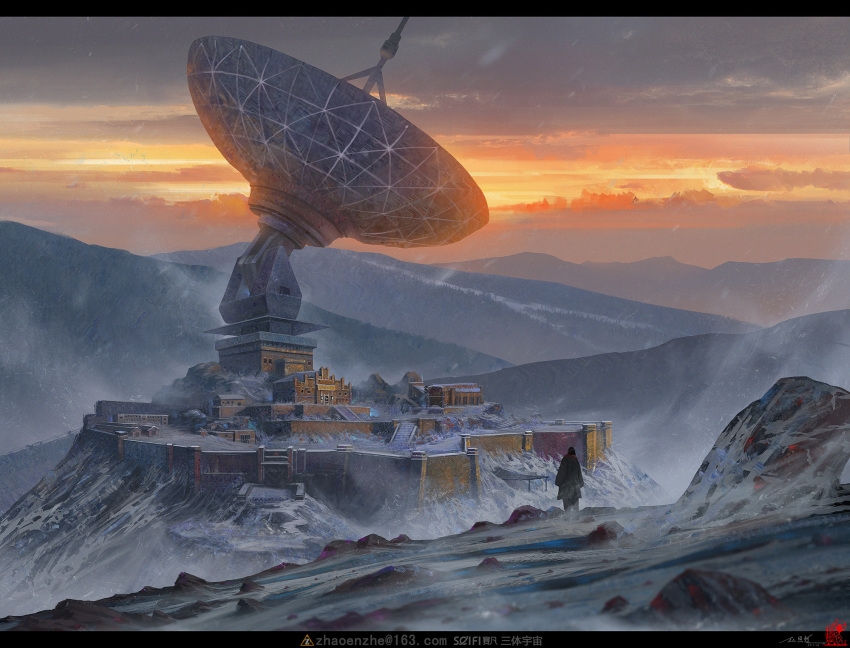 cloud cloudy_sky di_qiu_wang_shi enzhe_zhao highres mountain outdoors radio_telescope rock sky snow solo stairs twilight very_wide_shot ye_wenjie