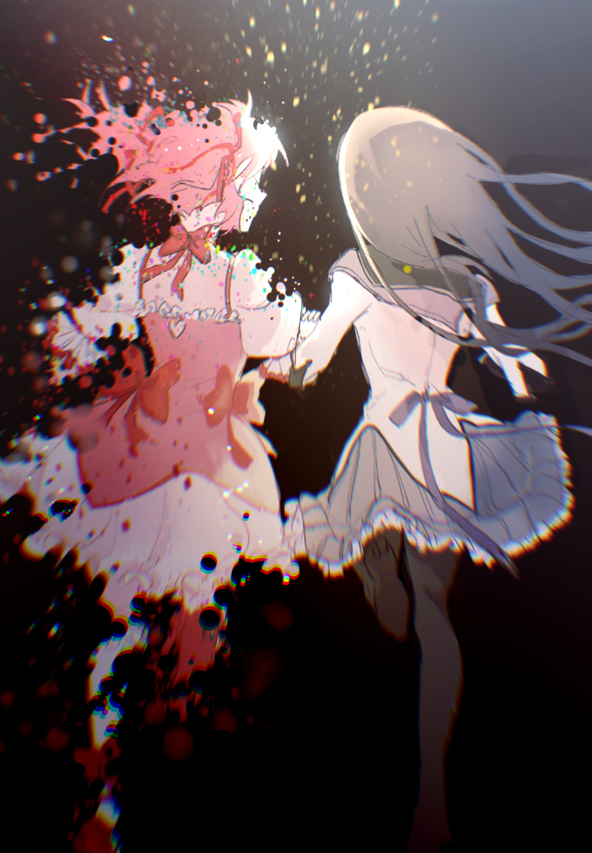 2girls akemi_homura back_cutout black_footwear black_hair chromatic_aberration clothing_cutout commentary disintegration dress from_behind hair_ribbon heart highres kaname_madoka long_hair long_sleeves luozhy magical_girl mahou_shoujo_madoka_magica multiple_girls pink_dress pink_hair puffy_short_sleeves puffy_sleeves purple_dress purple_ribbon purple_sailor_collar red_footwear red_ribbon ribbon running sailor_collar shirt short_sleeves socks symbol-only_commentary twintails white_shirt white_socks