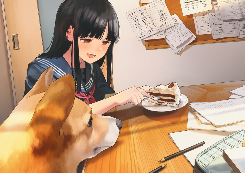 1girl bangs black_hair blunt_bangs bulletin_board dog food fork indoors long_hair morifumi open_door original pencil reflection school_uniform serafuku strawberry_shortcake table