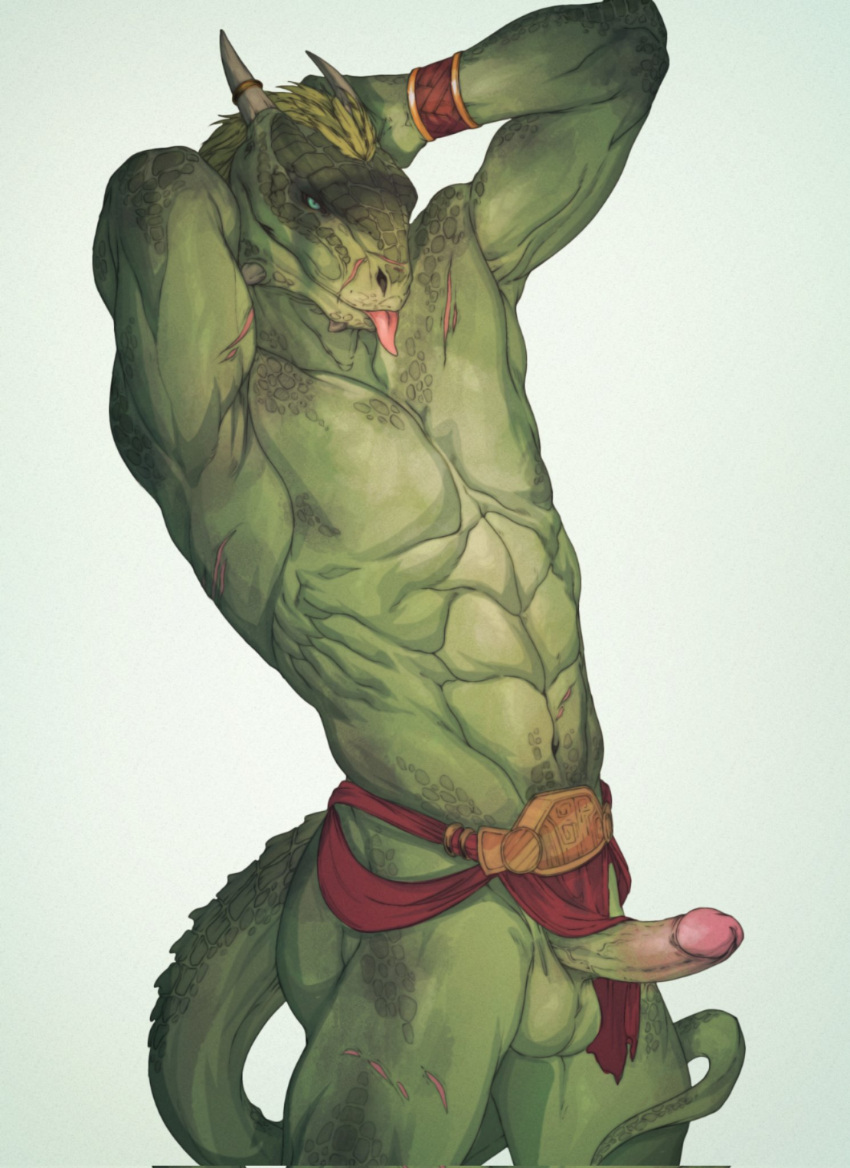 2022 abs anthro argonian balls bethesda_softworks biped blep bracelet digital_media_(artwork) feathers genitals green_body green_feathers green_scales hi_res horn humanoid_genitalia humanoid_penis jewelry looking_at_viewer male mikaemikae muscular muscular_anthro muscular_male navel non-mammal_navel pecs penis scales scalie scar simple_background smile smiling_at_viewer solo the_elder_scrolls tongue tongue_out video_games white_background