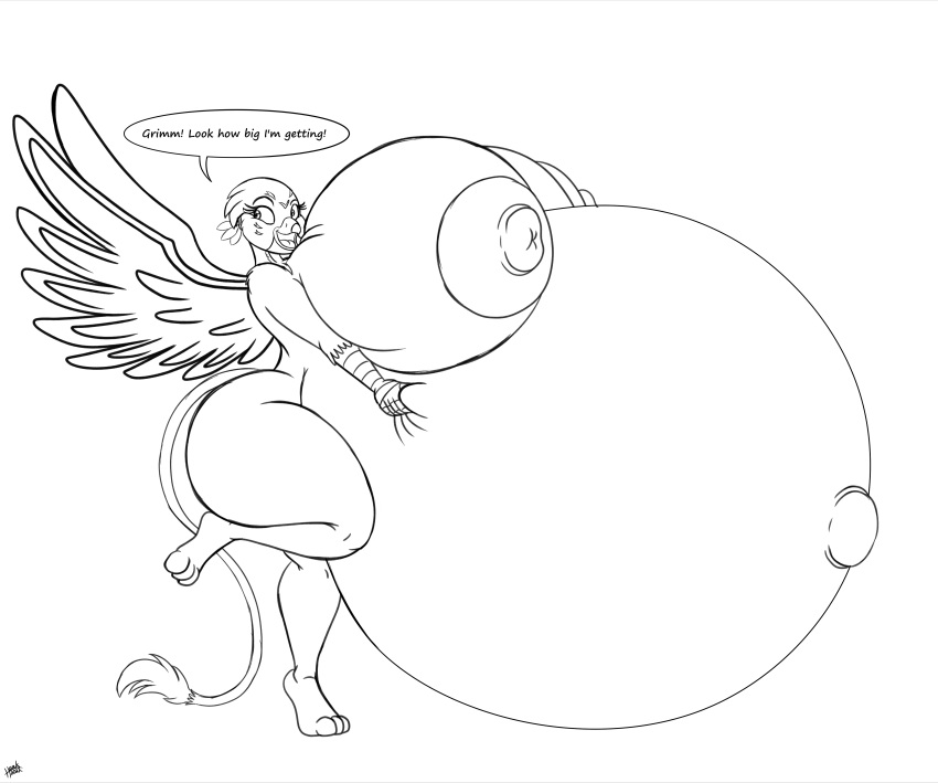 09hankris 3_toes 5_fingers absurd_res anthro avian beak belly big_belly big_breasts big_nipples black_and_white breasts dialogue eyelashes feathered_wings feathers feet female fingers friendship_is_magic gabby_(mlp) gryphon hasbro hi_res huge_breasts hyper hyper_belly hyper_breasts hyper_pregnancy long_tail monochrome my_little_pony mythological_avian mythology navel nipples open_mouth outie_navel pregnant pregnant_female solo tail_tuft thick_thighs toes tuft wings