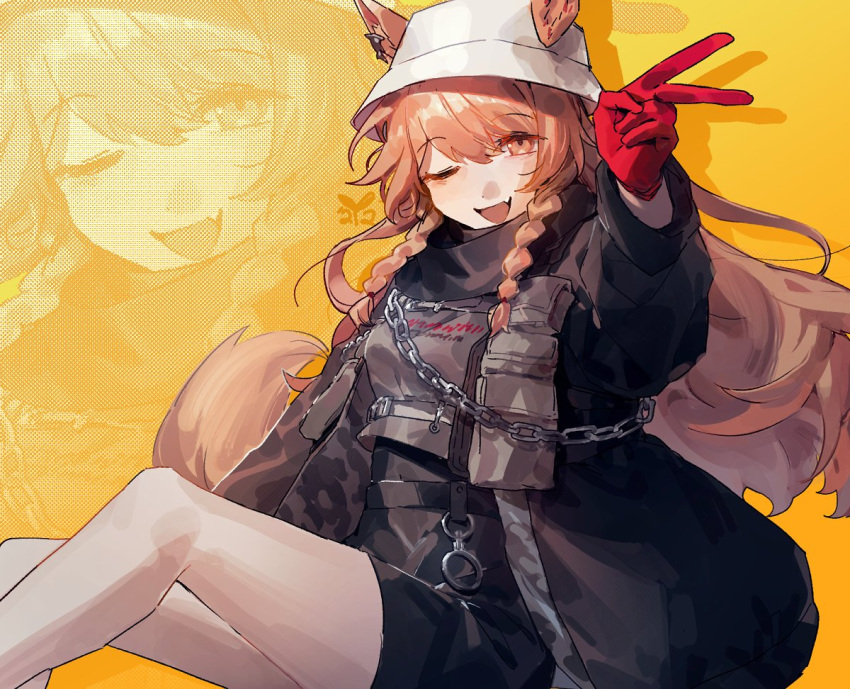 1girl ;d animal_ears arknights black_jacket black_shorts braid brown_eyes brown_hair caebeans ceobe_(arknights) ceobe_(unfettered)_(arknights) chain commentary dog_ears dog_girl dog_tail ears_through_headwear fang feet_out_of_frame gloves hand_up hat jacket long_hair official_alternate_costume one_eye_closed open_mouth red_gloves shorts side_braids sitting smile solo tail v white_headwear