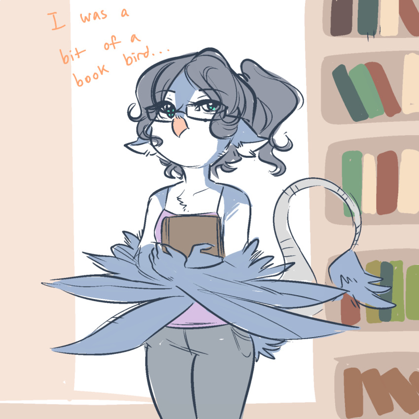 anthro avian bird birddi blue_eyes bottomwear clothed clothing denim denim_clothing english_text female glacierclear hi_res jeans library looking_up pants simple_background solo tail_tuft text tuft wings